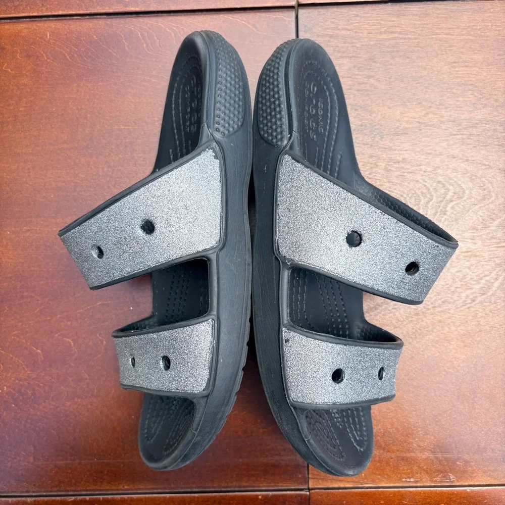 CROCS Glitter Double-Strap Slide Sandals in Metallic Silver and Black size 6